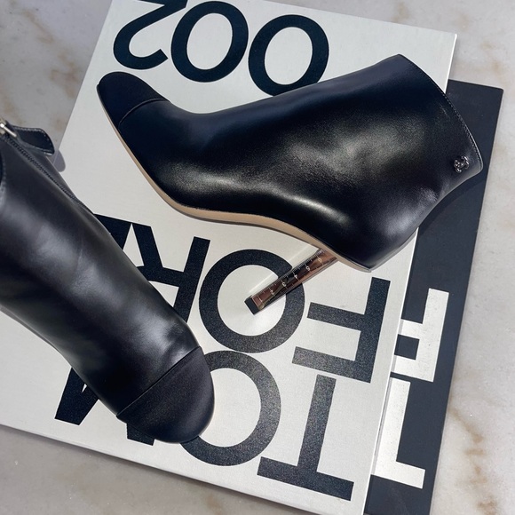 CHANEL Shoes - Chanel Black Satin Cap Toe Leather Interlocking CC Metal Heel Ankle Boot